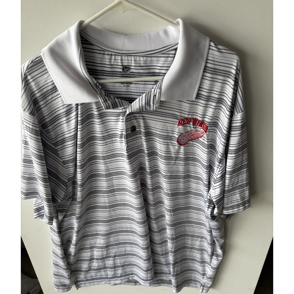 Detroit Red Wings Striped Polo Shirt XL NHL Golf‎ Casual Fan Gear Gray White